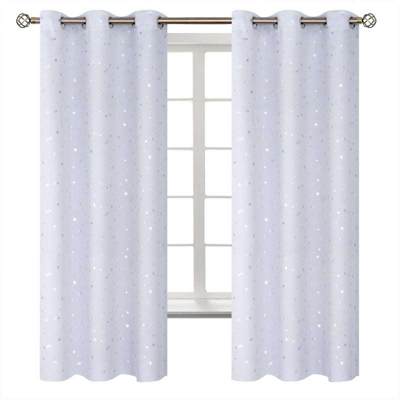 BGment Kids Room Curtains for Bedroom - Grommet Thermal Insulated Silver Star Print Room Darkening Curtains for Living Room, Set of 2 Panels, 42 x 63 Inch, Greyish White - Image 1